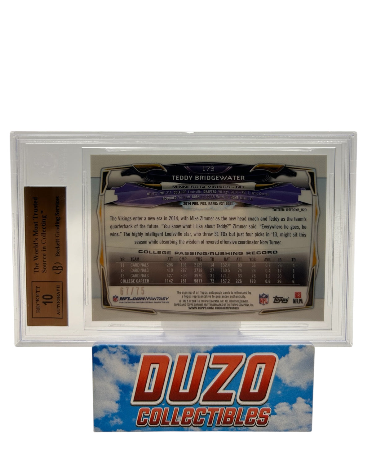 Teddy Bridgewater Rookie OnCard Auto Variations /75 2014 Topps Chrome No.173 BGS 9.5 Auto 10