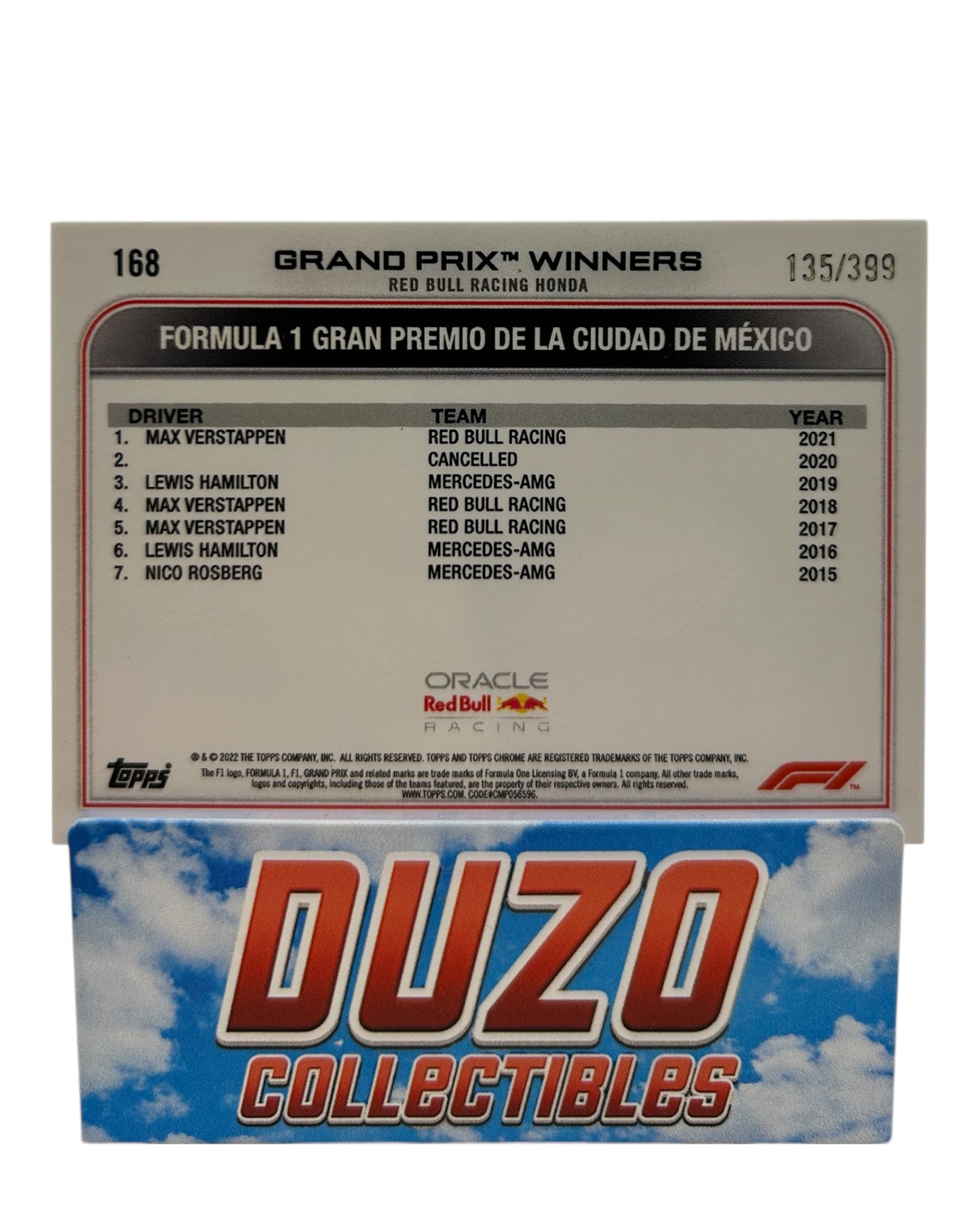 Max Verstappen Purple Refractor /399 Grand Prix Winner Mexico 2021 Topps Chrome 2022 No.168