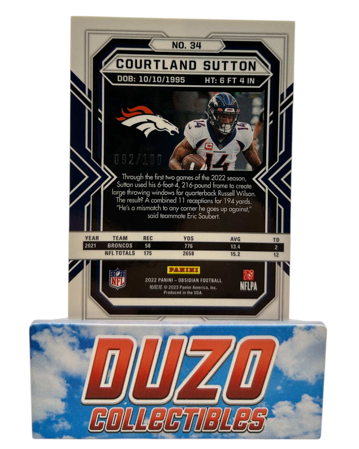Courtland Sutton /100 2022 Panini Obsidian No.34