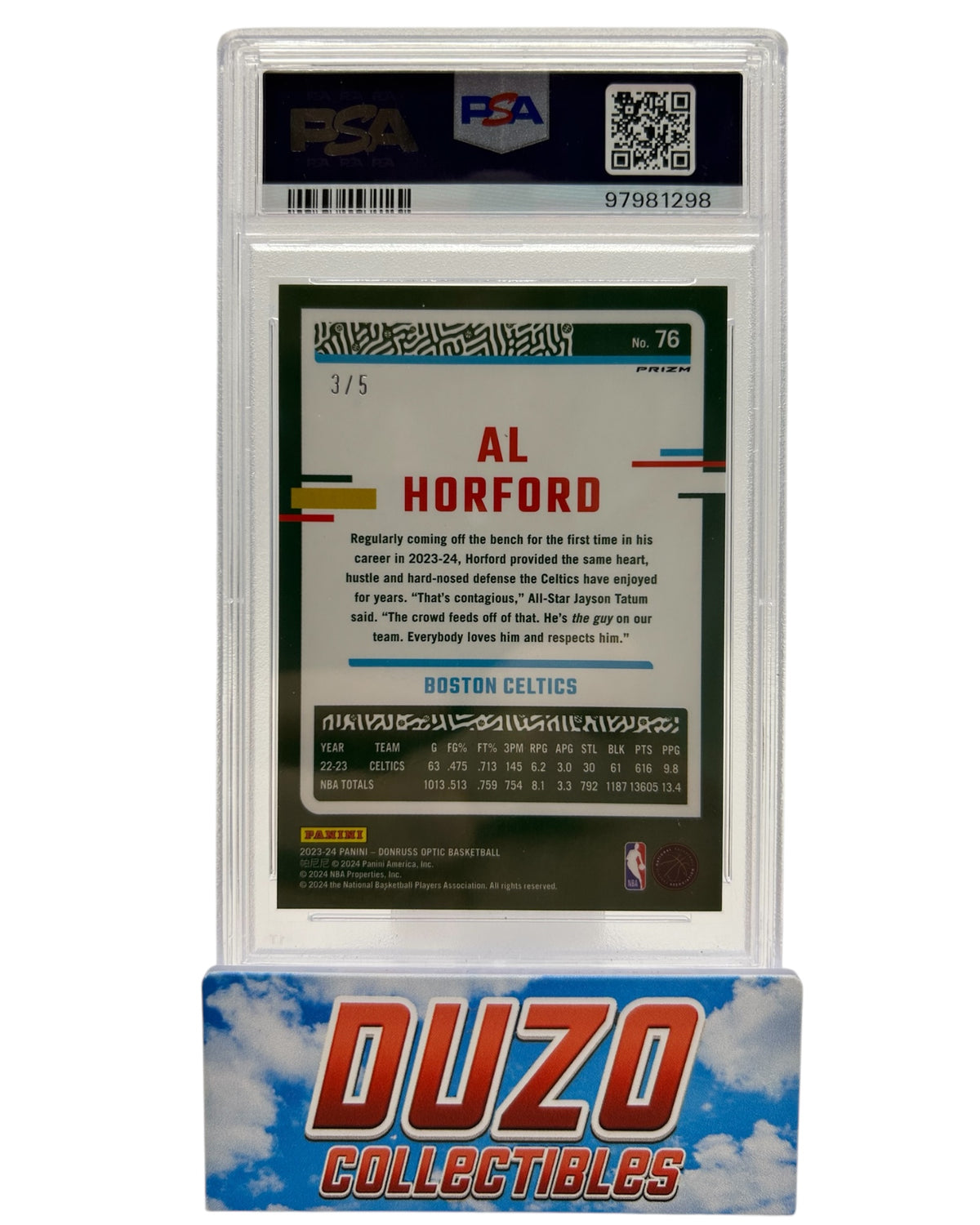 Al Horford Green Color-Match 3/5 2023 Donruss Optic No.76 PSA9