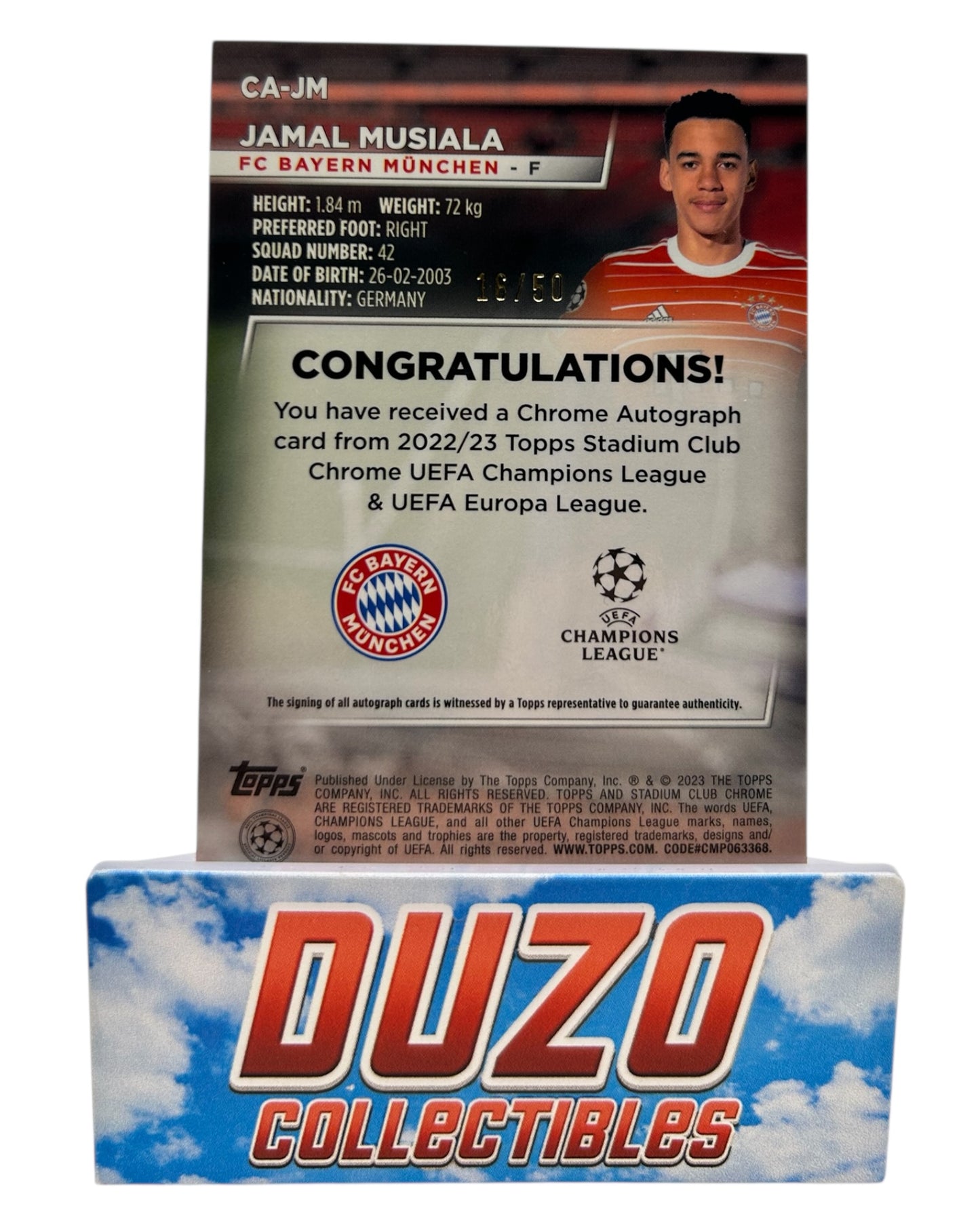 Jamal Musiala Gold Auto /50 2022/23 Topps Stadium Club Chrome No.CA-JM