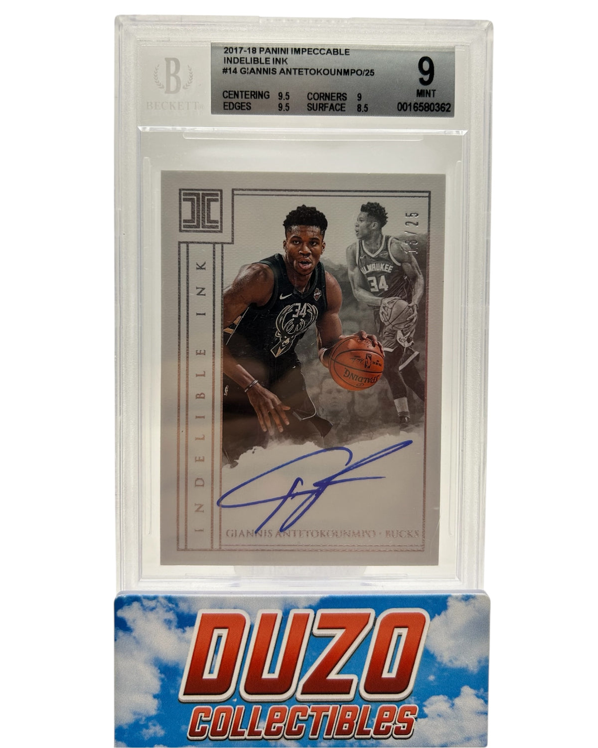 Giannis Antetokounmpo Indelible Ink OnCard /25 2017-18 Panini Impeccable No.14 Beckett 9 Auto 10