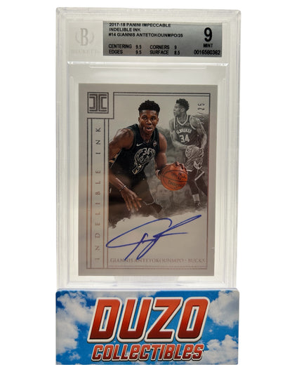 Giannis Antetokounmpo Indelible Ink OnCard /25 2017-18 Panini Impeccable No.14 Beckett 9 Auto 10