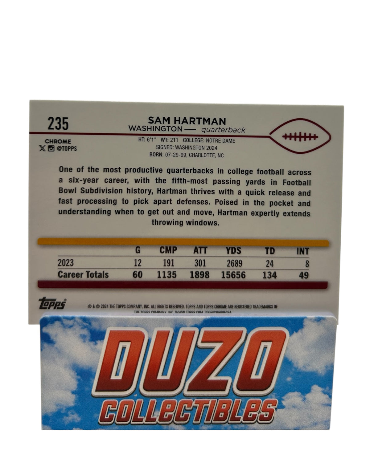 Sam Hartman Rookie Blue /150 2024 Topps Chrome No.235