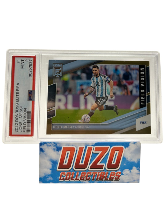 Lionel Messi Gold Field Vision /10 2022 Donruss Elite Fifa No.1 PSA9