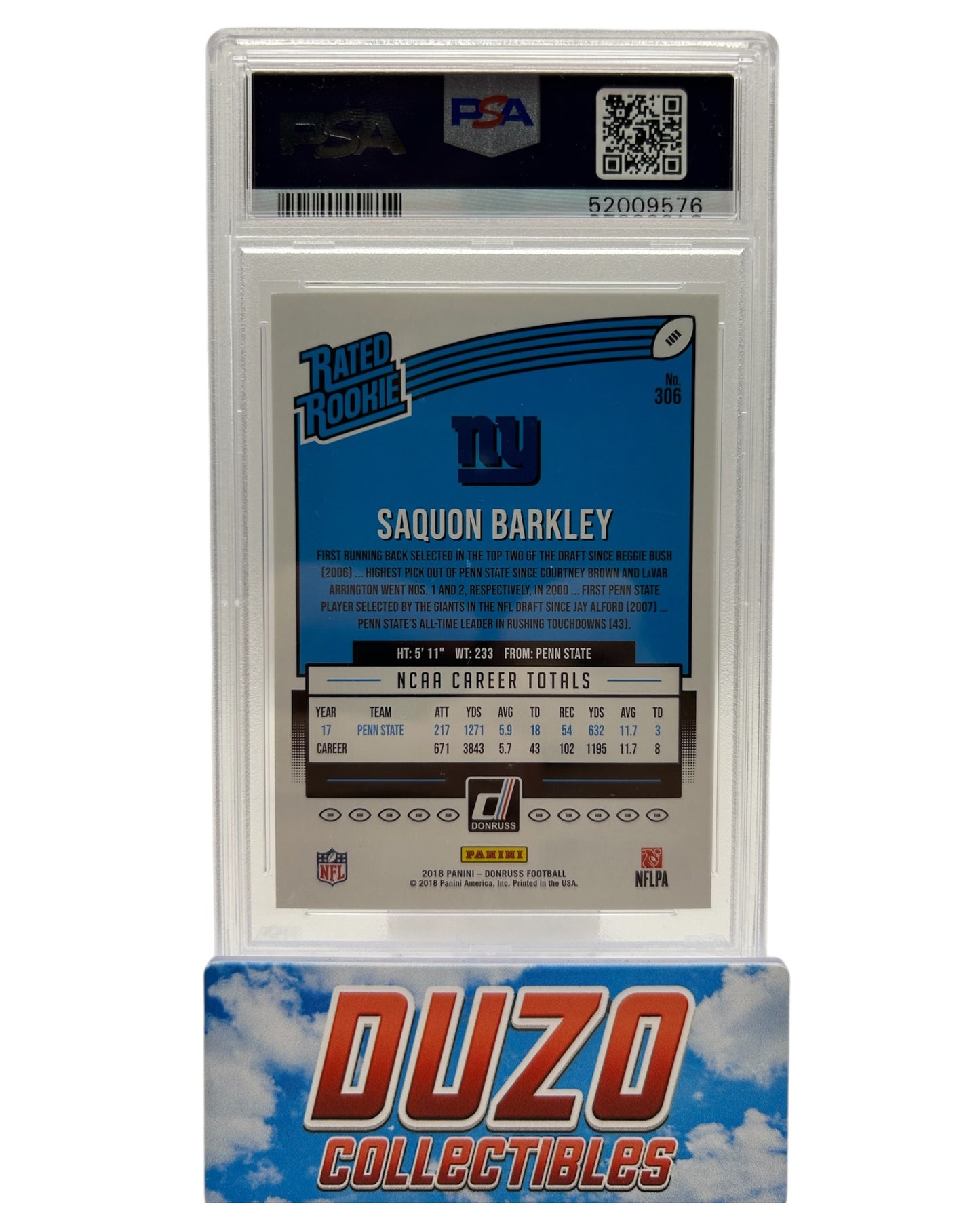 Saquon Barkley Rated Rookie Panini Donruss 2018 #306 PSA 9