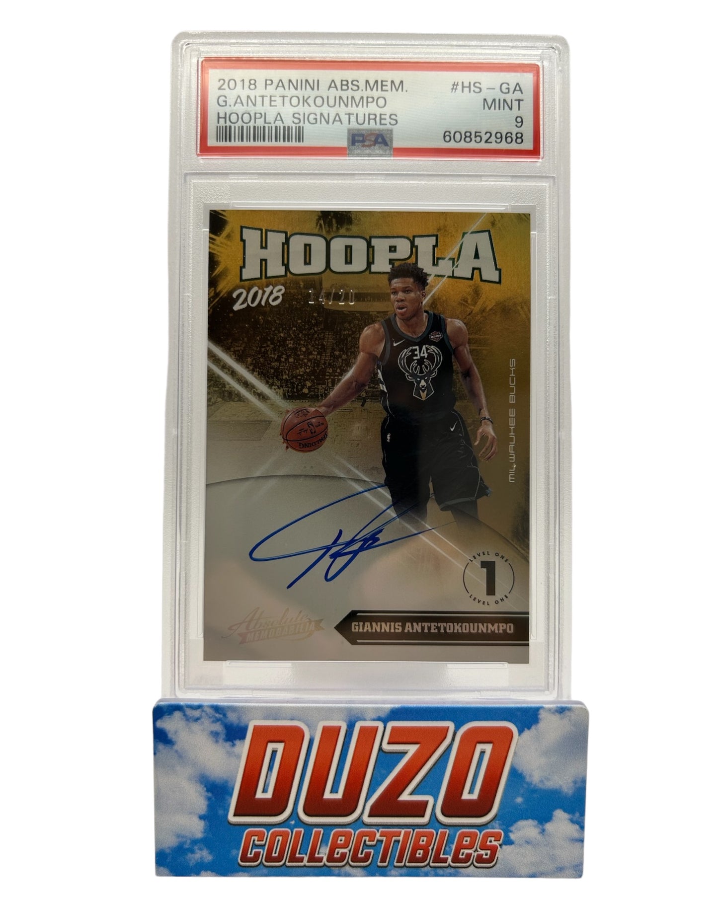 Giannis Antetokounmpo OnCard Auto /20 2018 Panini Absolute Mem PSA9 #HS-GA